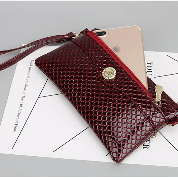 2/$30 Red Snake Skin Embossed Crossbody Bag Zipper Wristlet Clutch Phone Bag - Picture 9 of 10
